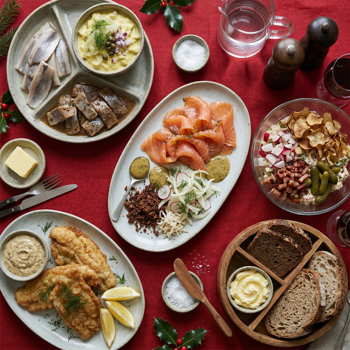 Kolde retter: sild, karrysalat, gravad laks, fiskefilet og brød