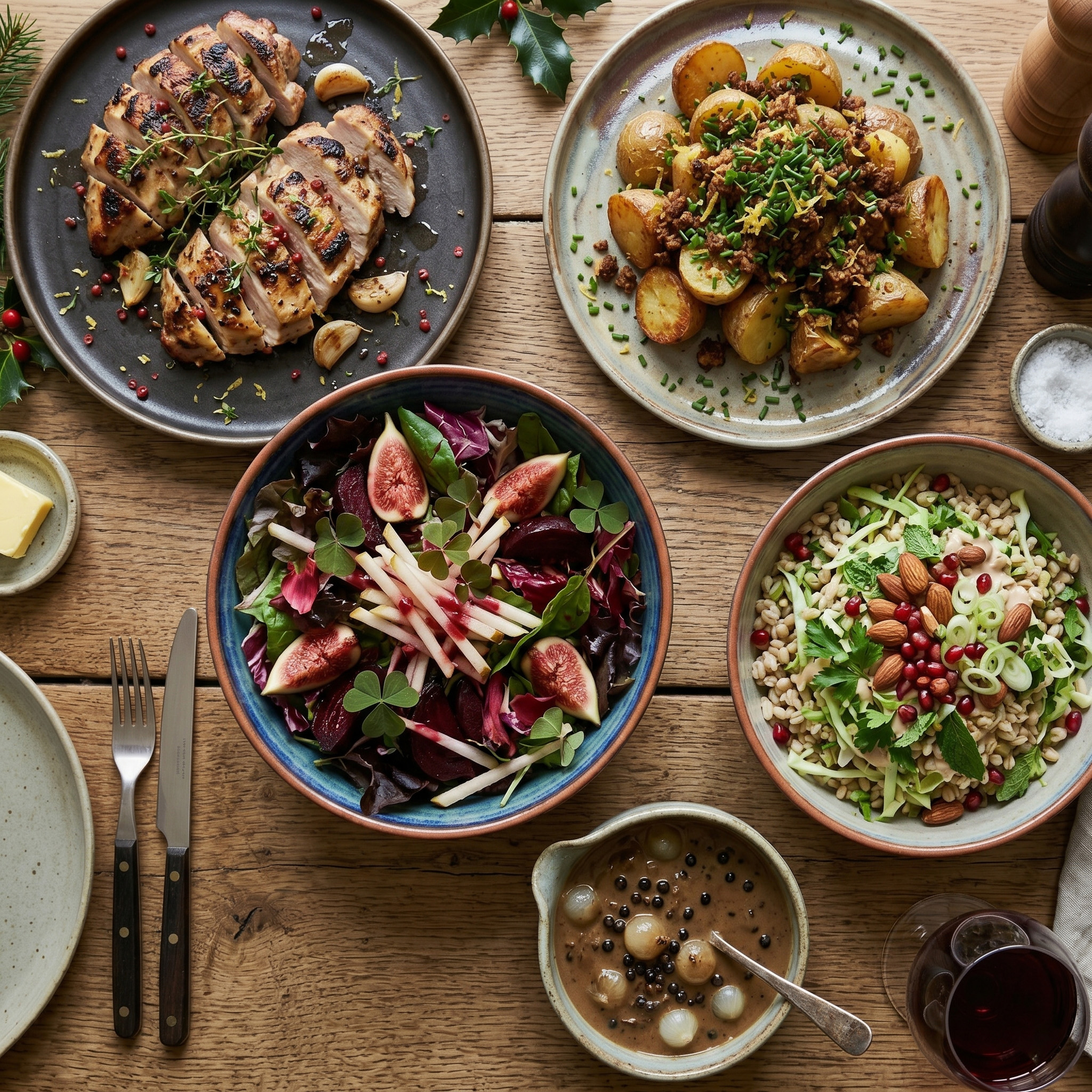 Vintermenu: grillet kylling, kartofler og salater